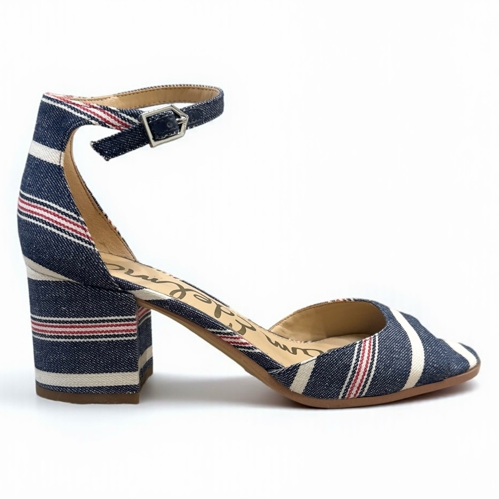 Sam Edelman Susie Denim and Red Stripe Block Heel Sandals Unworn Size 7 - Picture 3 of 9